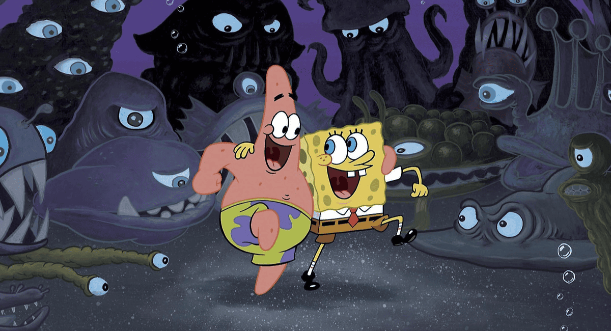 bob esponja e patrick explorando uma caverna